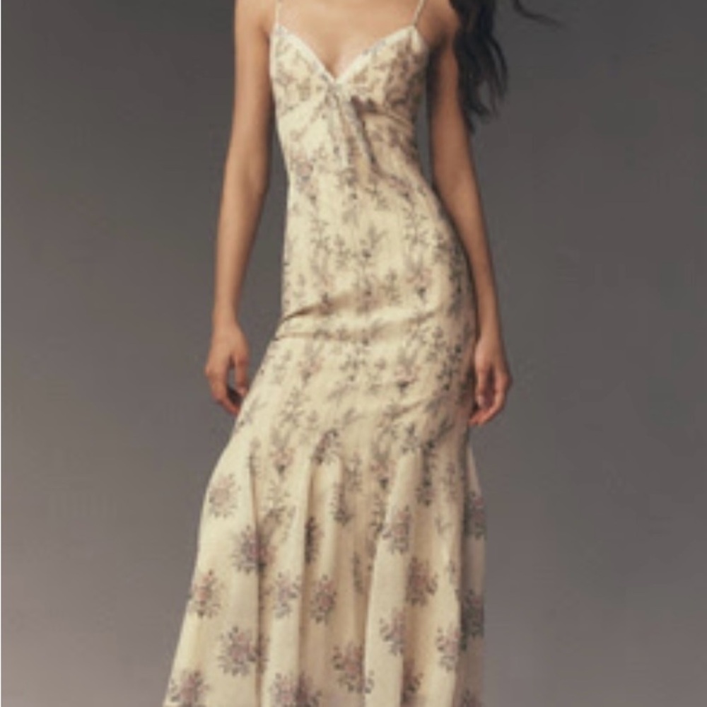 Anthropologie Cream Floral Slip Maxi Dress with Delicate Pink Blooms